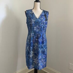 Elie Tahari Emory Dress Size 10 Blue White Bora Bora Multi Sheath Elegant Mature